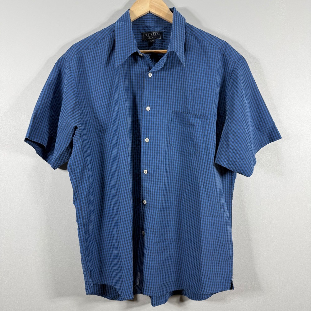 Ted Baker Gingham Short Sleeve Button Up Shirt Blue - Size 5 (XL)